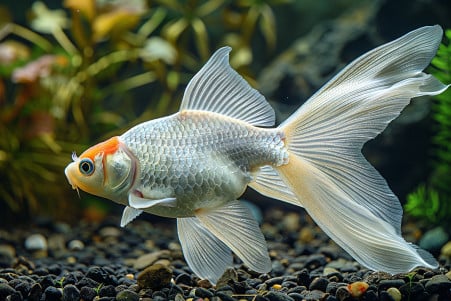 Elderly, pale white goldfish with a long, flowing tail resting on the bottom of a tank with dark gravel and live plants