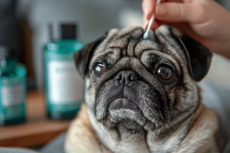 Close-up of a pug's face looking up as its owner holds a cotton swab near its ear, with a Bactine bottle in the background