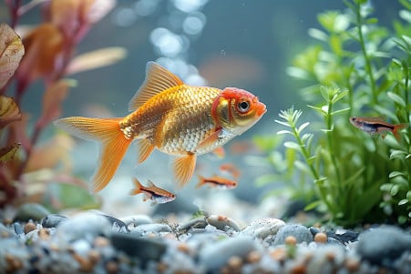 Inquisitive goldfish approaching a group of lively guppies in a planted aquarium