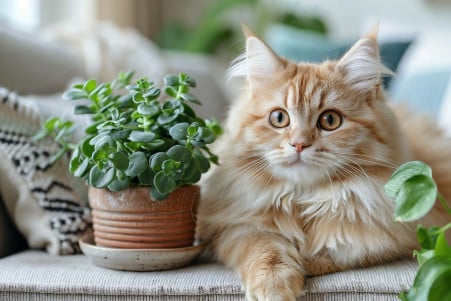 Fluffy white Persian cat gently nudging a jade plant with a mischievous look