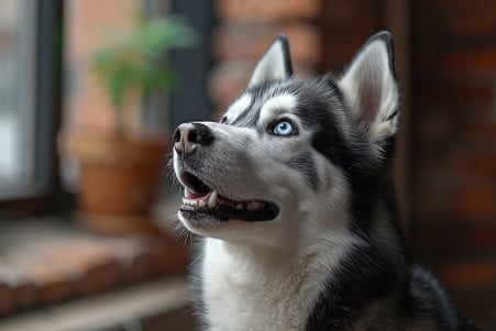 Anxious-looking whiny Husky with mouth open, gazing upward, in a calm home interior
