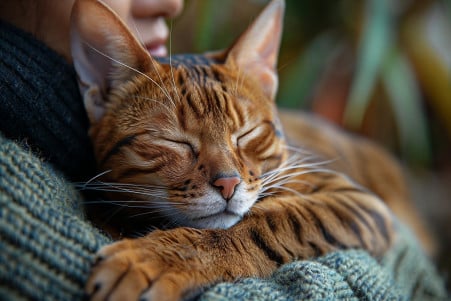 Orange cat with a rosette coat pattern nuzzling the face of a relaxed person, demonstrating the close relationship between an emotional support animal and its owner