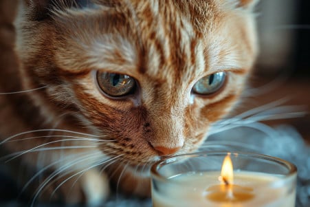 Orange tabby cat sniffing a citronella candle with wide, alert eyes and raised fur