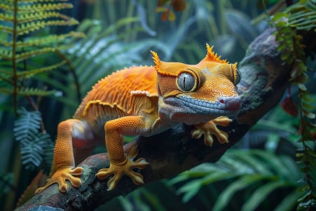 Large, adult male crested gecko clinging to a branch in a lush, tropical terrarium setting