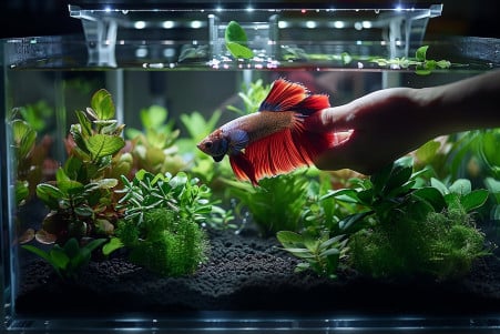 Person using a gravel vacuum to change the water in a minimalist betta fish tank, with the betta fish observing the process