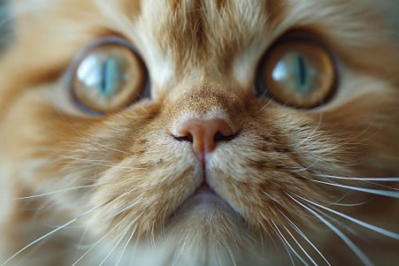 Close-up of a Persian cat's concerned, wide-eyed expression after its whiskers have been trimmed