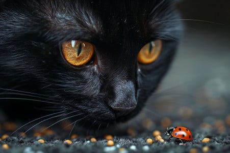Close-up of a black cat cautiously sniffing at a ladybug on the floor