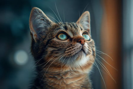 A tabby cat with large, attentive ears listening intently to something off-screen