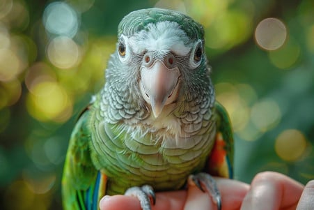 Close-up portrait of a Quaker parrot sitting on a human finger, with a friendly, captivating gaze