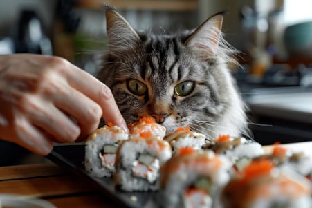 Maine Coon cat sniffing a California roll on a plate, with the owner's hand reaching to pull the sushi away