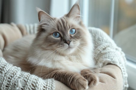Ragdoll cat with semi-long hair and blue eyes lounging on a hypoallergenic bed with an air purifier nearby