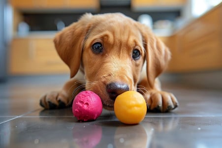 Labrador Retriever puppy sniffing at a brightly colored ball of playdough on a kitchen counter