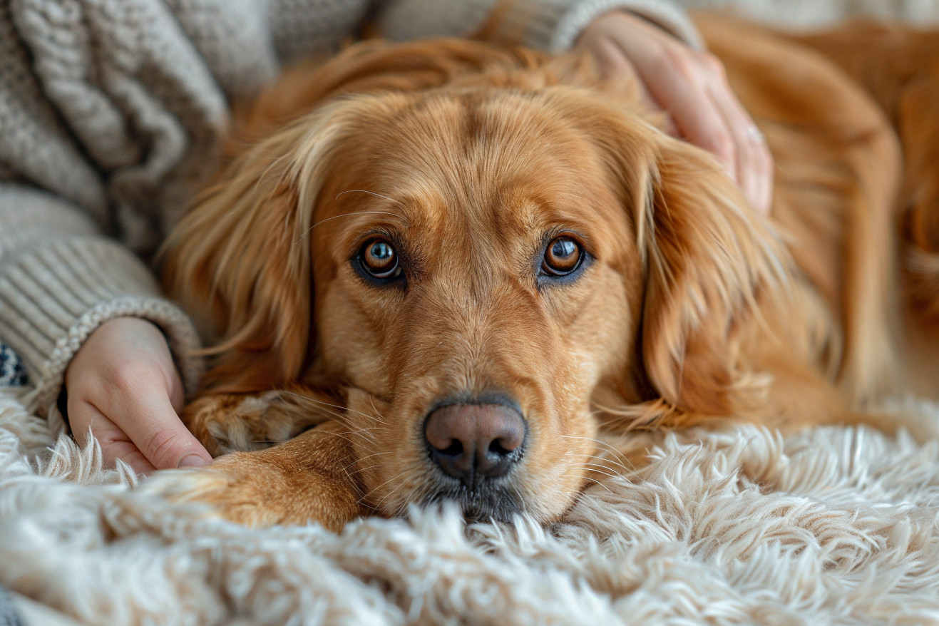 A friendly-looking golden retriever with a thick, shiny coat lying on a carpeted floor, with its owner's hand gently resting on its abdomen