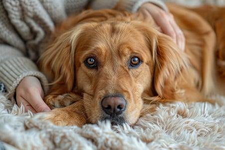 A friendly-looking golden retriever with a thick, shiny coat lying on a carpeted floor, with its owner's hand gently resting on its abdomen