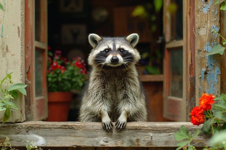 Raccoon standing alert in the doorway of a quaint cottage, surrounded by greenery