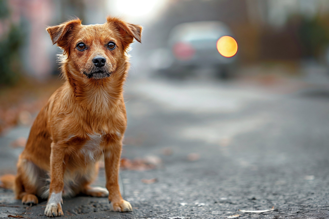 Mixed-breed dog with a swollen front paw limping on a sidewalk