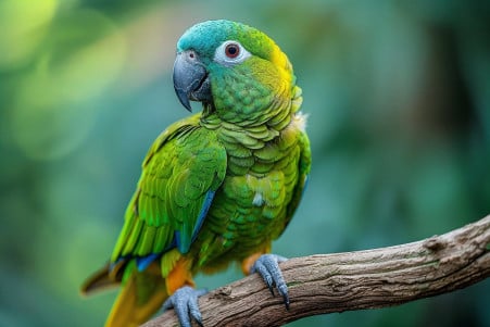 Close-up of a bright green Conure parrot with a long tail and expressive eyes, perched on a wooden branch