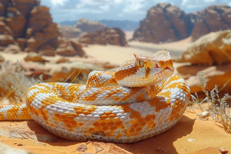 Tan and yellow Saharan horned viper slithering across a sun-baked desert terrain