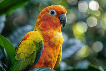 Close-up of a sun conure parrot with vibrant orange and yellow plumage perched on a branch with lush, green leaves