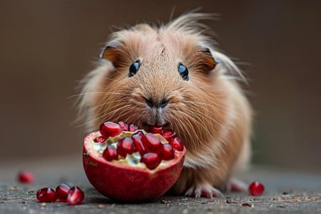 A Peruvian guinea pig with long, silky hair cautiously sniffing pomegranate seeds