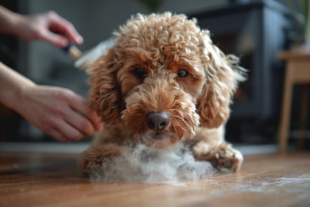 Labradoodle with a curly, hypoallergenic coat sniffing at a pile of dust and pet dander on a hardwood floor, with the owner's hands visible sweeping up the allergens