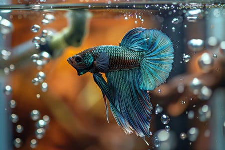 Curious-looking Betta fish with a long, flowing tail and iridescent blue-green coloring examining an air pump connected to an airline tubing releasing bubbles