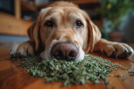 Labrador Retriever sniffing a pile of catnip leaves with a confused expression