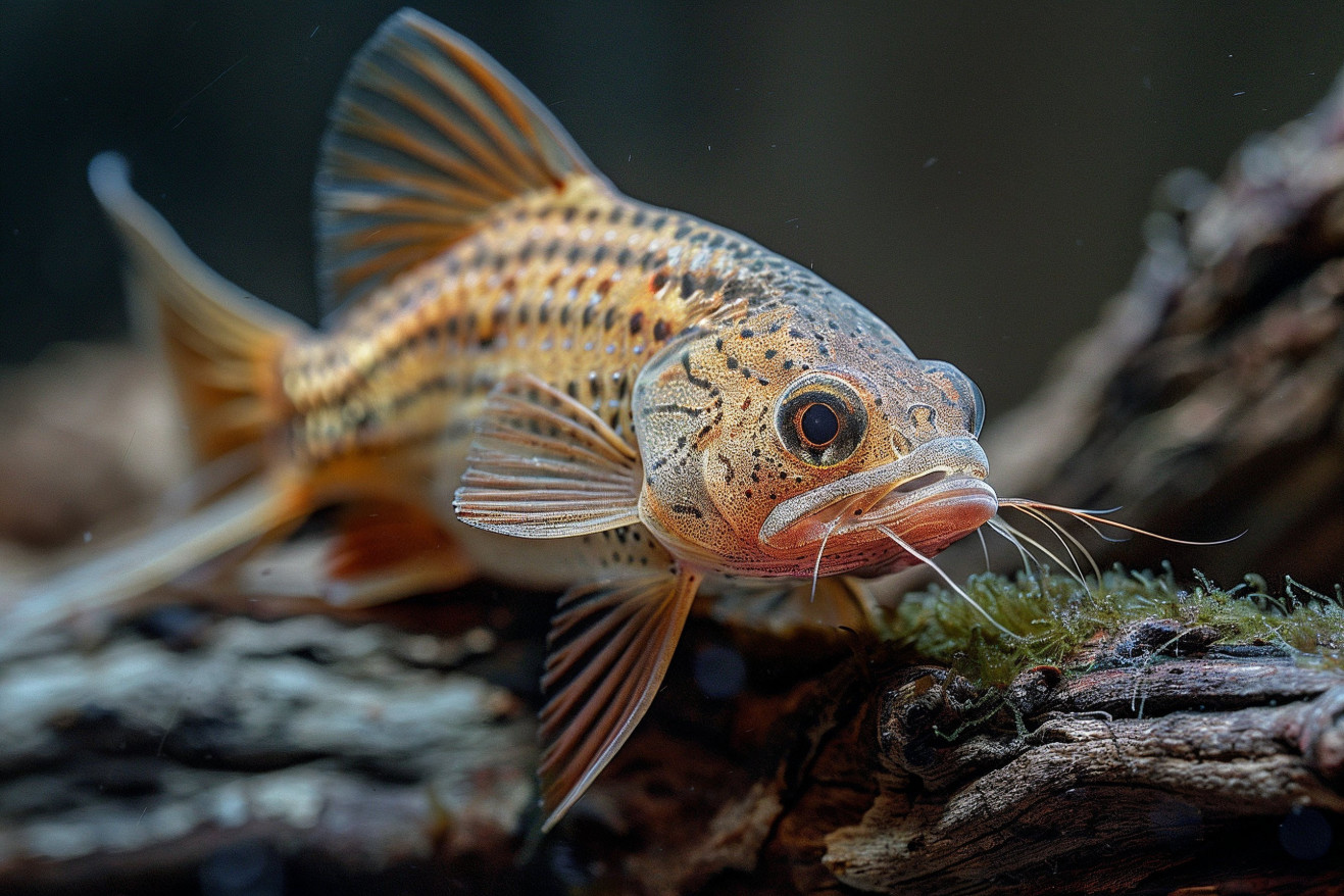 Close-up of a striped Corydoras catfish grazing on green algae growing on a piece of driftwood