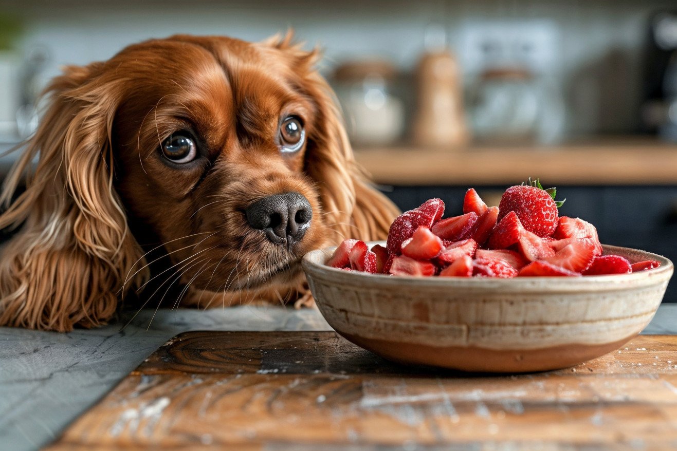 Curious Cavalier King Charles Spaniel sniffing a bowl of freeze-dried strawberry slices on a kitchen counter