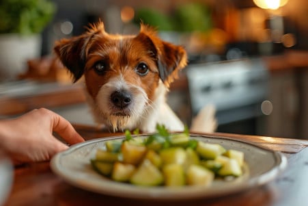 A Jack Russell Terrier sitting next to a plate of cooked, sliced chayote on a kitchen counter, with the owner's hand gently moving the plate away