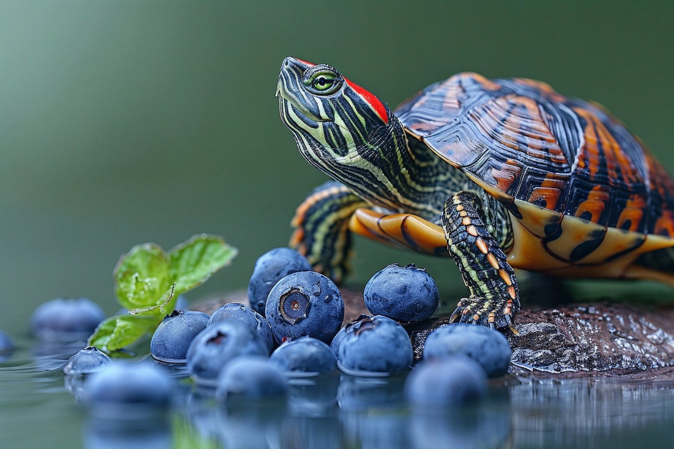 Red-eared slider turtle sitting on a rock, looking at a handful of blueberries in a natural water setting