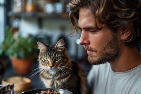 Puzzled man examining a bowl of cat food while a tabby cat watches from the kitchen counter