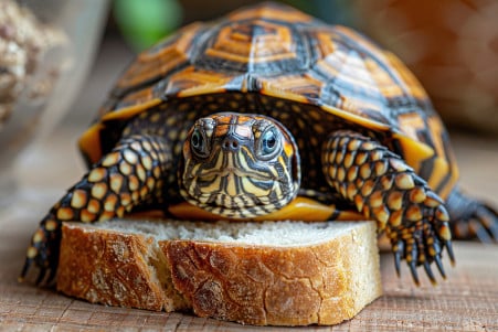 Eastern box turtle sniffing a slice of whole wheat bread on a wooden surface