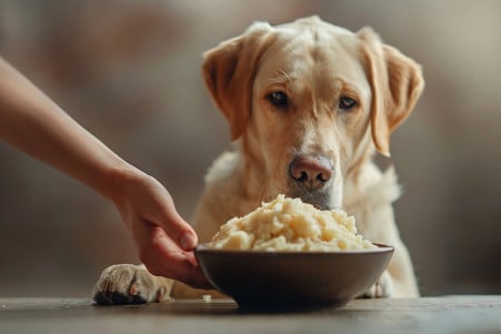 Labrador Retriever with a concerned expression sitting next to a bowl of cooked, mashed cassava, with the owner's hand reaching toward the bowl
