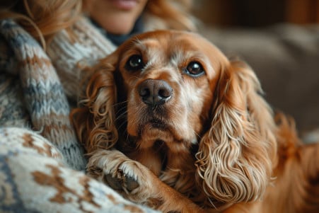 Woman examining the paw of her light-brown Cocker Spaniel dog in a comfortable home interior