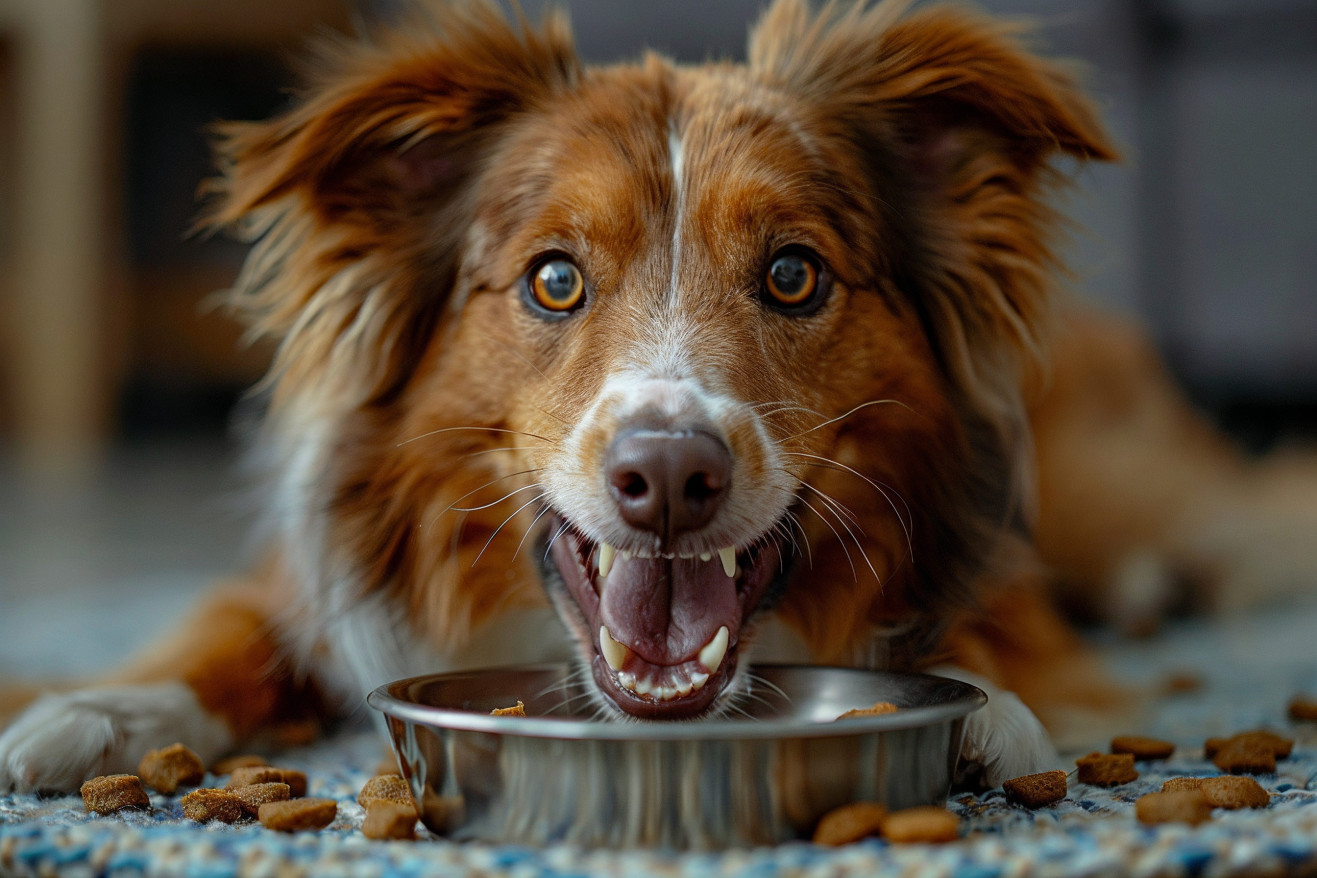 Brown and white Collie dog baring teeth and guarding its food bowl with a defensive, aggressive expression
