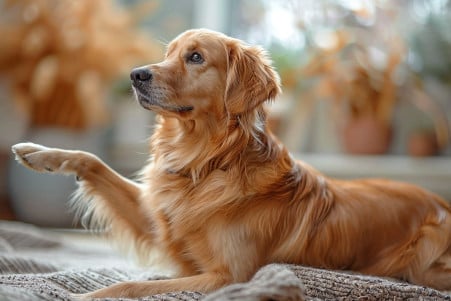 Golden Retriever standing up and stretching its front legs out, with a relaxed, content expression