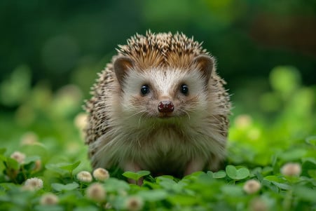 Detailed photograph of a curious Algerian Hedgehog with a pointed snout, large eyes, and spiny brown and white coat standing in a lush green garden setting