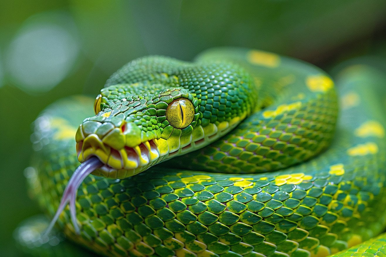 Close-up of a coiled green tree python's head, with its forked tongue flicking out to sample the air
