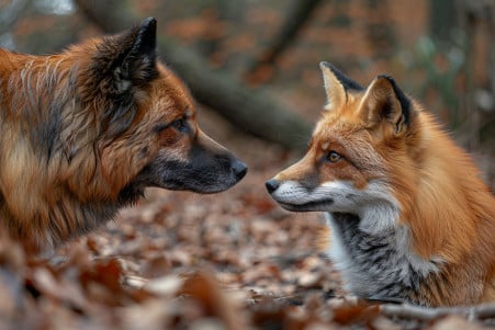 Dog standing alert with hackles raised, staring intently at a crouched red fox in a wooded area