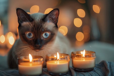 Siamese cat with pointed ears and blue eyes staring intently at a trio of scented candles on a fireplace mantel