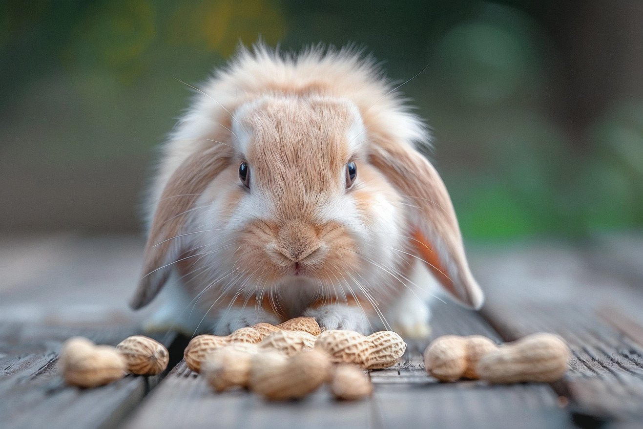 Fluffy brown rabbit with long ears sniffing at a handful of peanuts on a wooden table