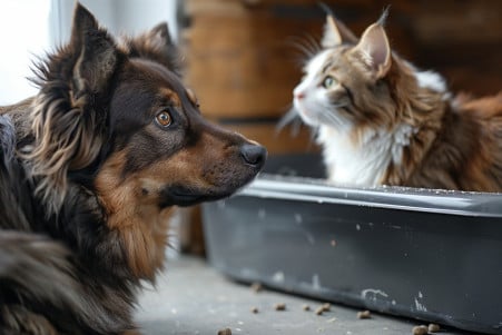 Australian Shepherd dog carefully watching a cat using a litter box, with the owner ready to redirect the dog's attention
