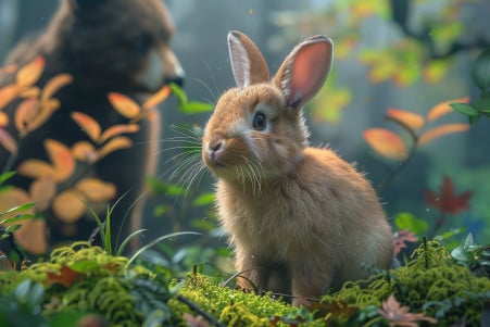 A timid rabbit sitting on moss in a forest, with a large black bear watching intently in the background