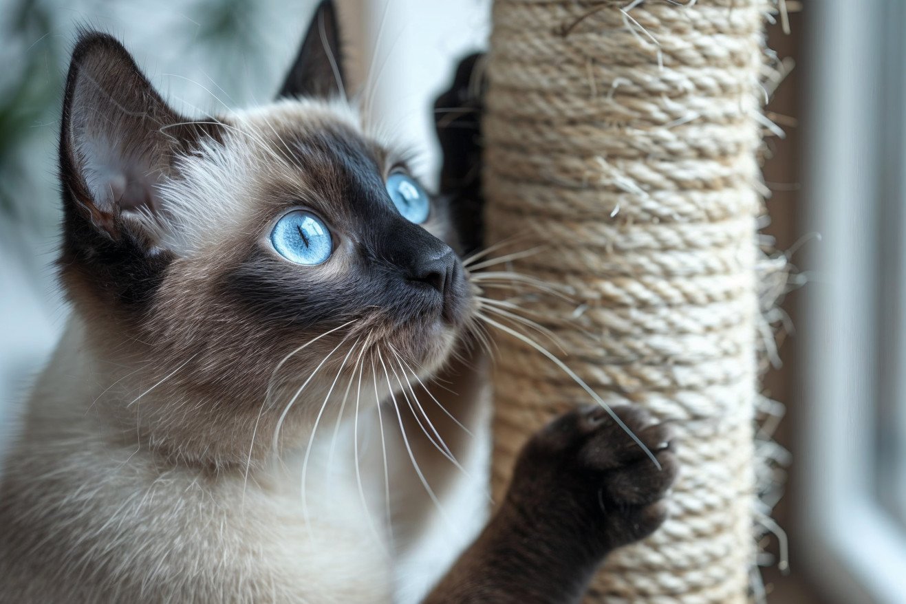 Playful Siamese cat stretching and scratching on a vertical scratching post next to a door