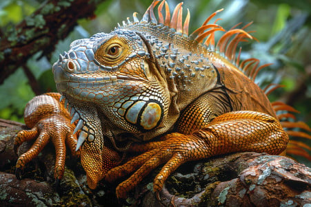 Large iguana resting on a tree branch, alert and ready to grip the branch with its claws in a lush, tropical forest setting