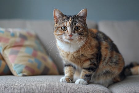 Calico cat with a guilty expression spraying urine on the arm of a couch in a minimalist living room