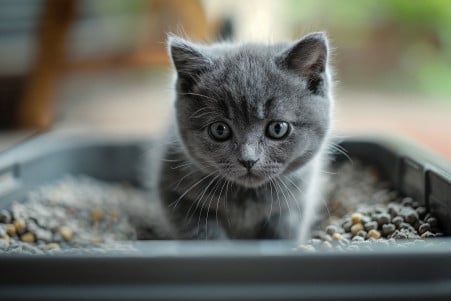 A British Shorthair kitten carefully stepping into a litter box filled with clumping cat litter