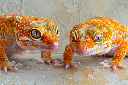 Photorealistic image of a male and female leopard gecko side-by-side, showcasing their physical differences