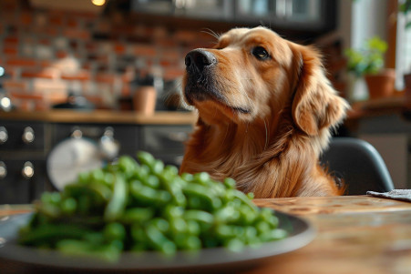 Golden Retriever sitting attentively in front of a plate of cooked green beans, looking up at the owner with a hopeful expression
